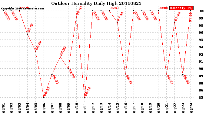 Milwaukee Weather Outdoor Humidity<br>Daily High