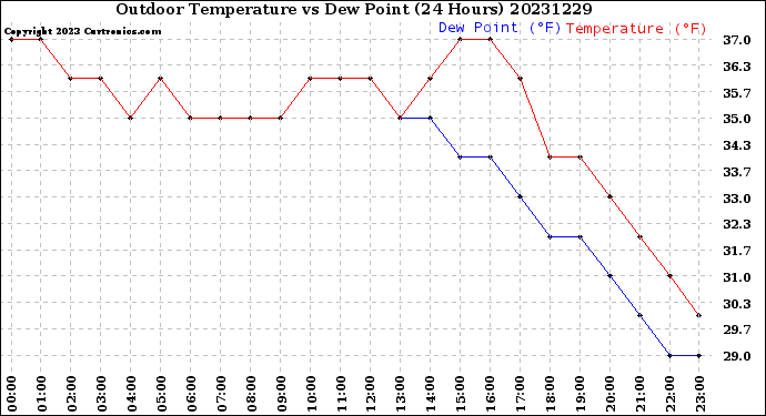 Milwaukee Weather Outdoor Temperature<br>vs Dew Point<br>(24 Hours)